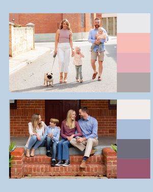 A collection of family portraits featuring outdoor and brick stoop settings with coordinating color palettes shown.