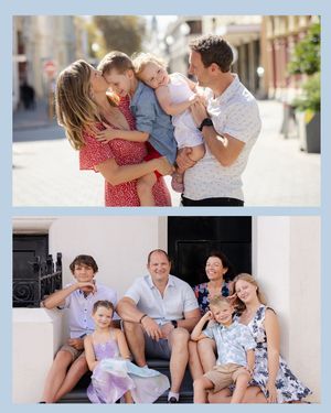 Two family portrait scenes showing groups posing together in sunny outdoor settings.