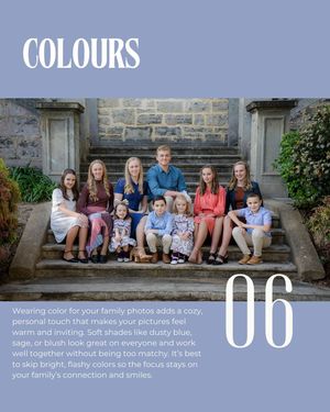 Family photography guide showcasing coordinated color choices and wardrobe tips for outdoor photo sessions.