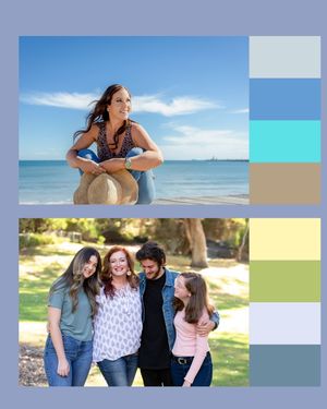 Color palette guide showing beach and nature-inspired tones with muted blues, soft yellows, and sandy neutrals.