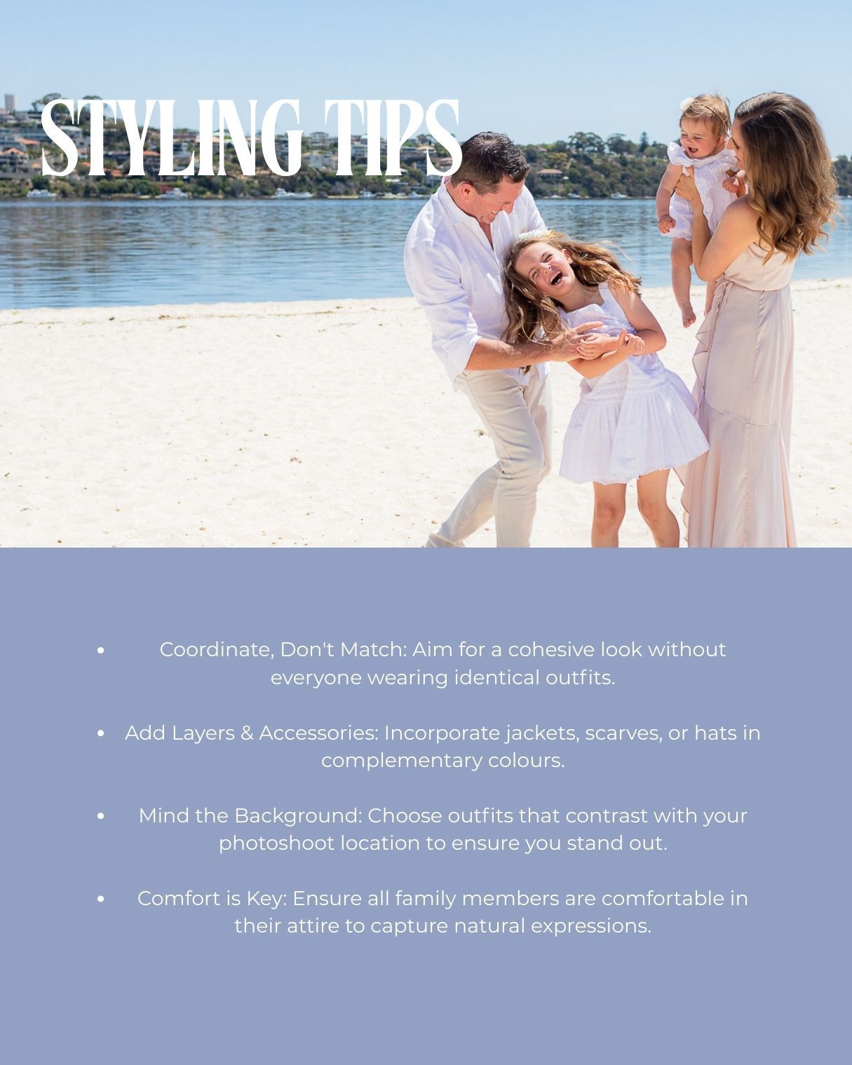 Photo styling tips guide overlaid on a beach family portrait with suggestions for coordinating outfits and accessories.