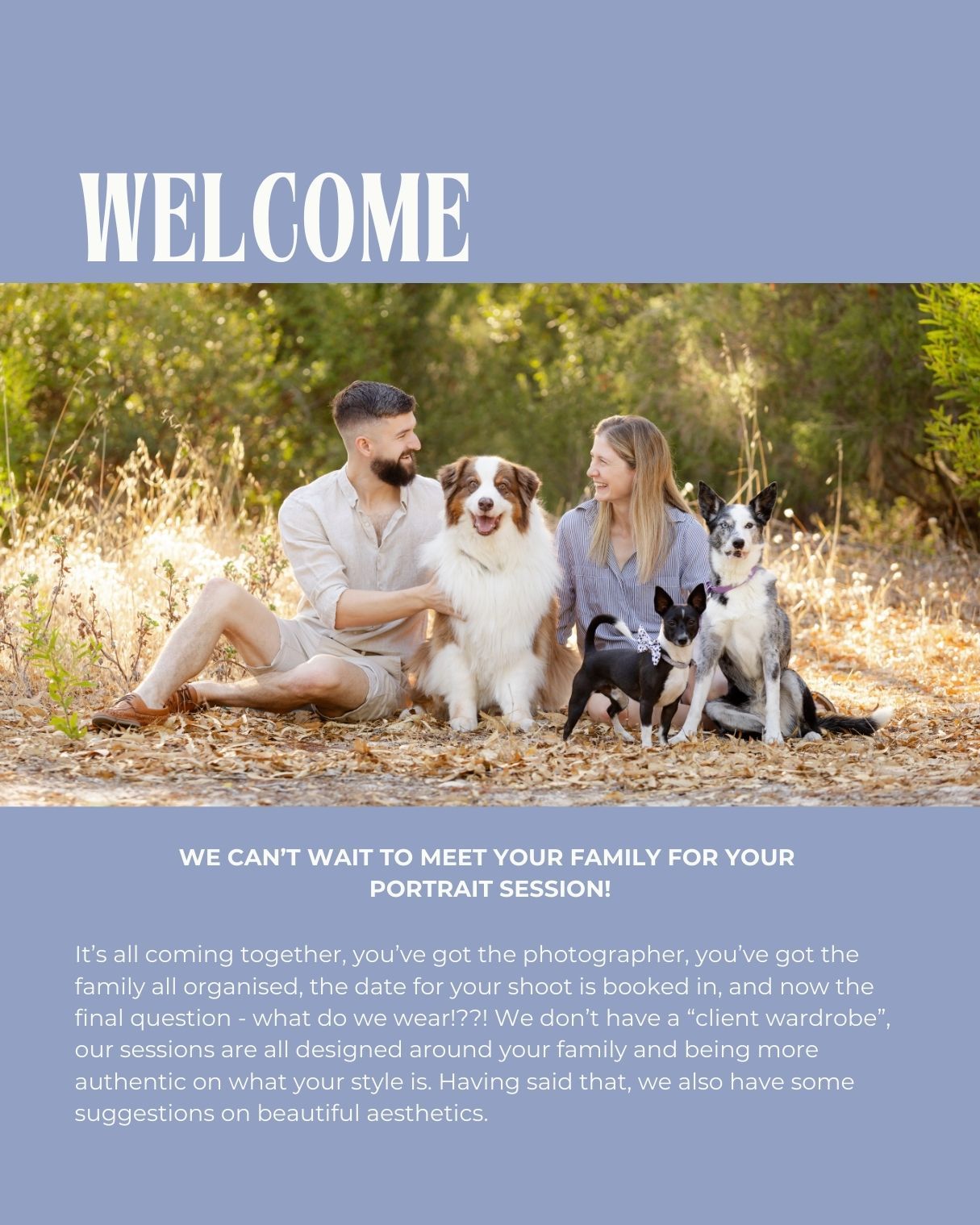 A collage of pet photography promotion images showing dogs and families in outdoor settings with welcome text overlays.