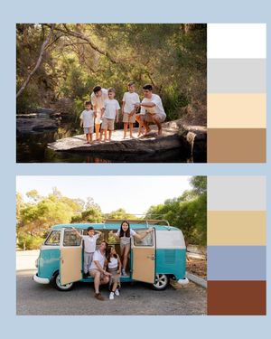 A group enjoying a summer day by a swimming hole with a vintage turquoise and white camper van parked nearby.