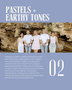 Group wearing white clothing poses on rocky beach formations in earthy tones and pastel colors.