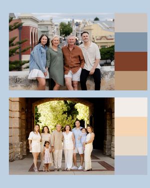 Family group dressed in coordinating neutral tones poses together for outdoor portrait session.