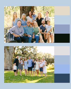Multi-photo collage of a family photo session outdoors on a sunny day with a natural backdrop of trees and grass.