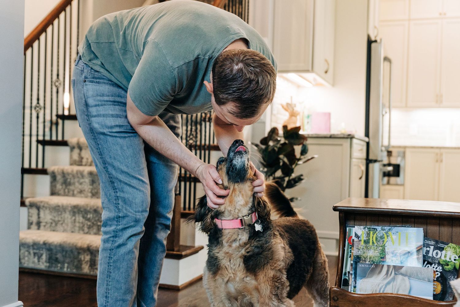A person bending down to brush and groom their fluffy brown dog in a home with stairs visible in the background.