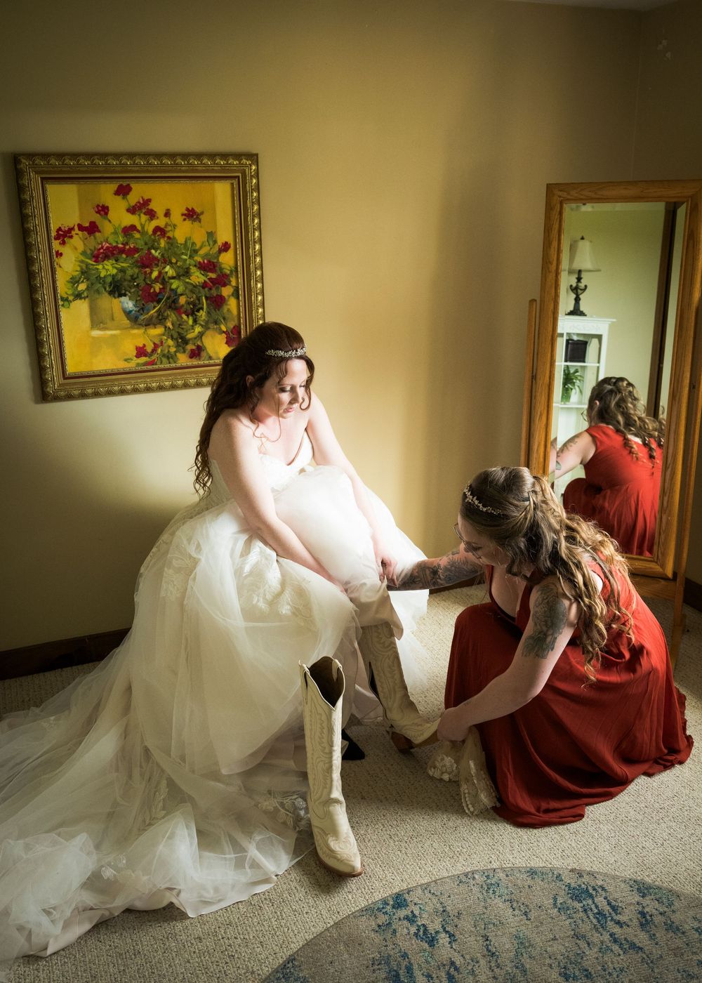 Bridal preparation sequence showing flowing white wedding dress against warm interior lighting.