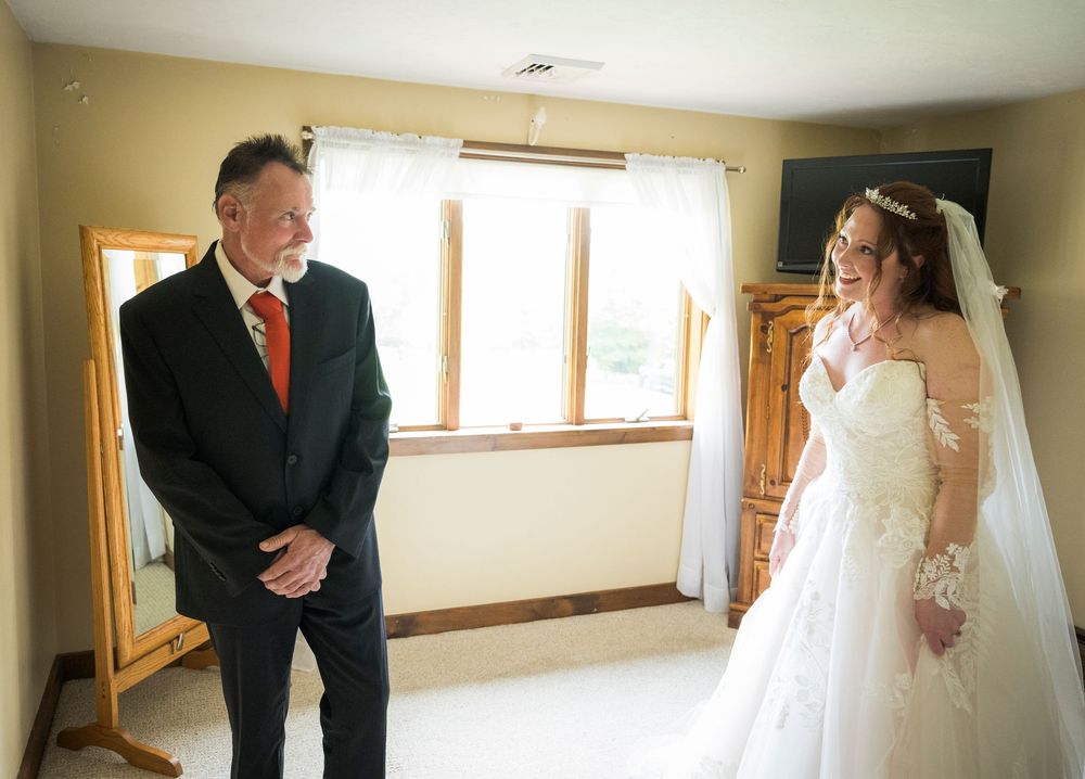 Series of candid wedding preparation moments in a sunlit room.