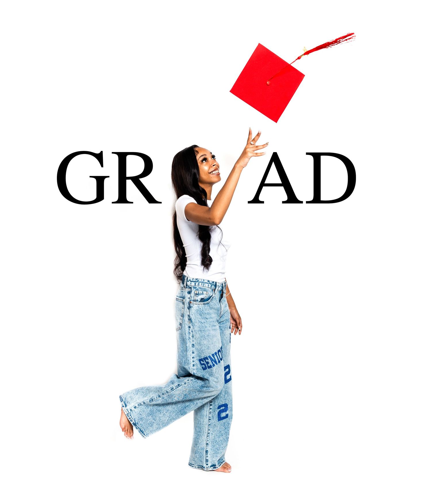 Woman in ripped jeans striking dynamic poses against white background with red accents.