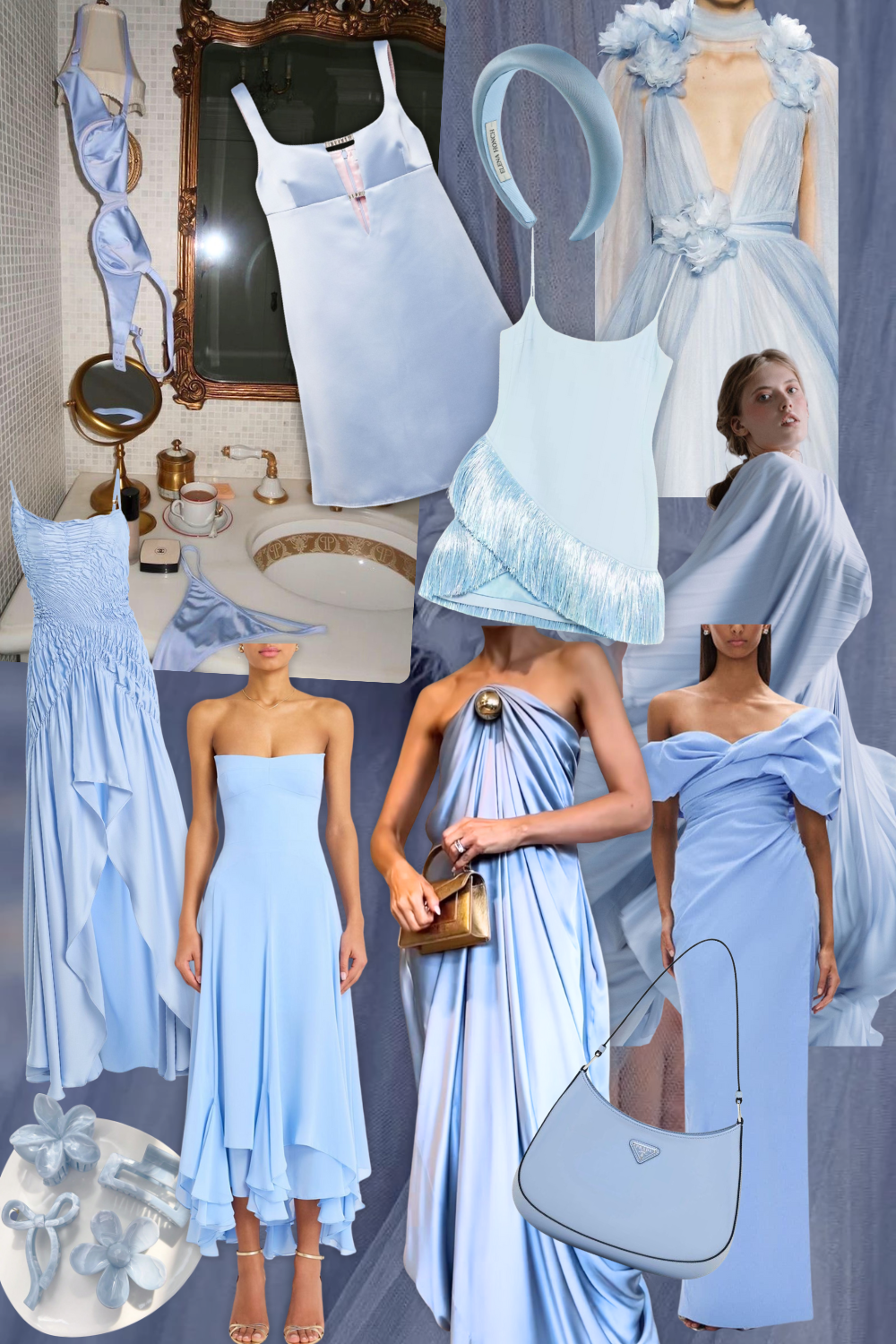 Fashion mood board featuring powder blue dresses, accessories and garments in romantic silhouettes and soft fabrics.