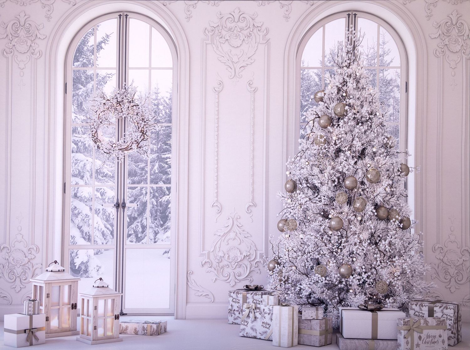 Elegant white room panorama with ornate arched windows and frosted Christmas trees.