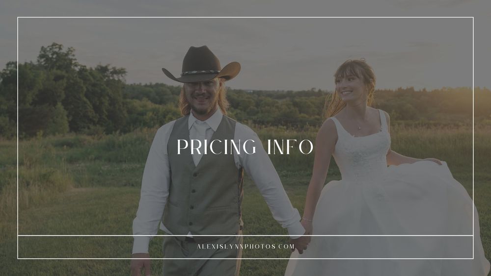 A couple in wedding attire walks through a green field, with text overlay reading Pricing Info for a photography website.