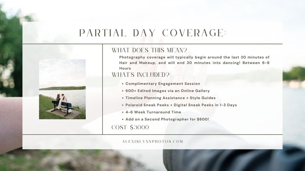 Partial day wedding photography coverage package details card with couple photo and pricing information.