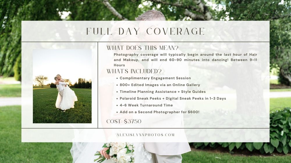 Wedding photographer full day coverage package details slide showing pricing and inclusions with couple in garden.