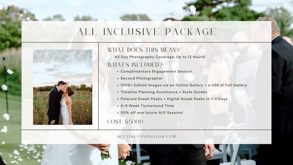 Wedding couple embraces outdoors in a lush garden, featured in an all-inclusive photography package advertisement.