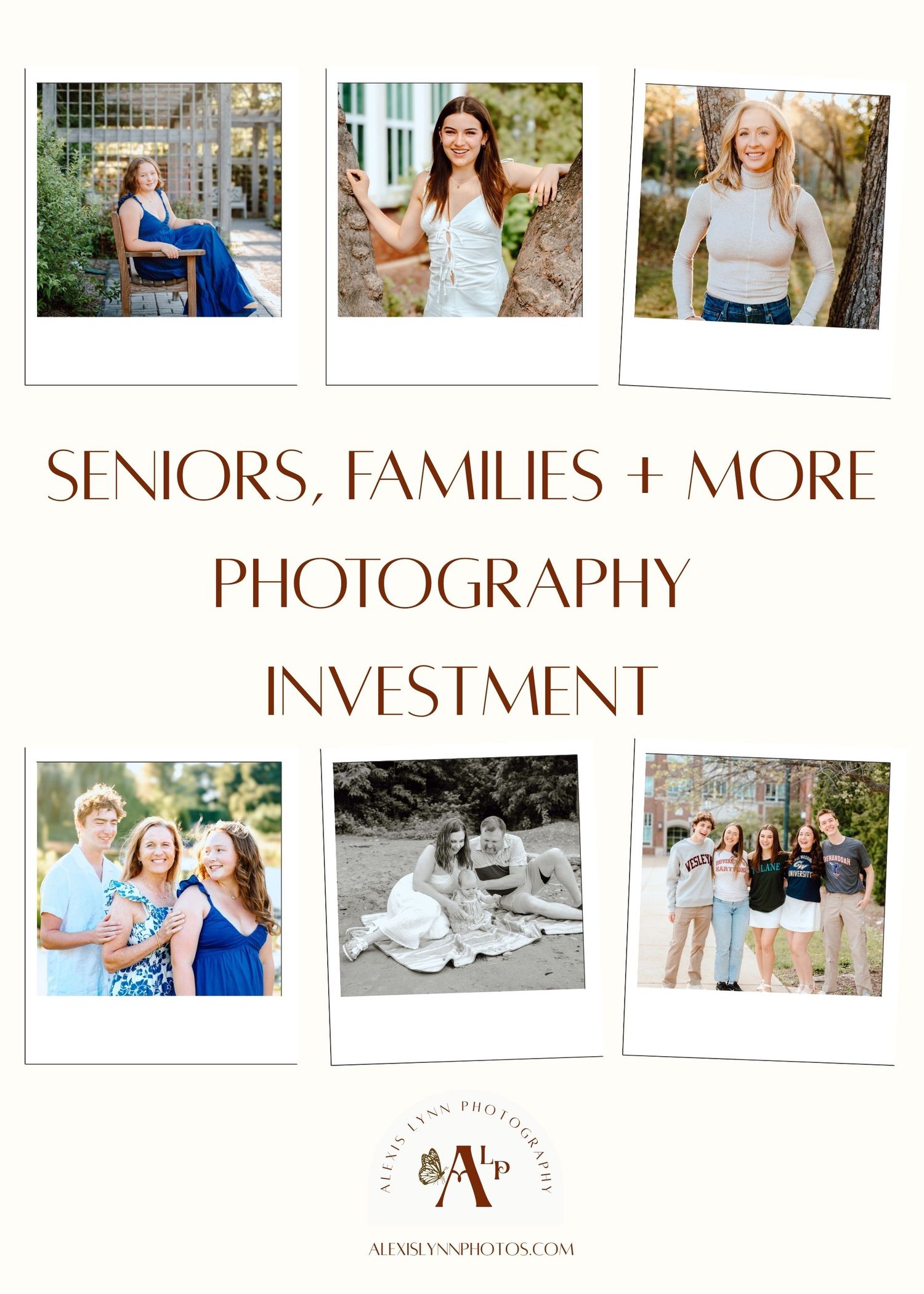 Professional photography website layout showcasing multiple photo galleries and portfolio sections for seniors and families.