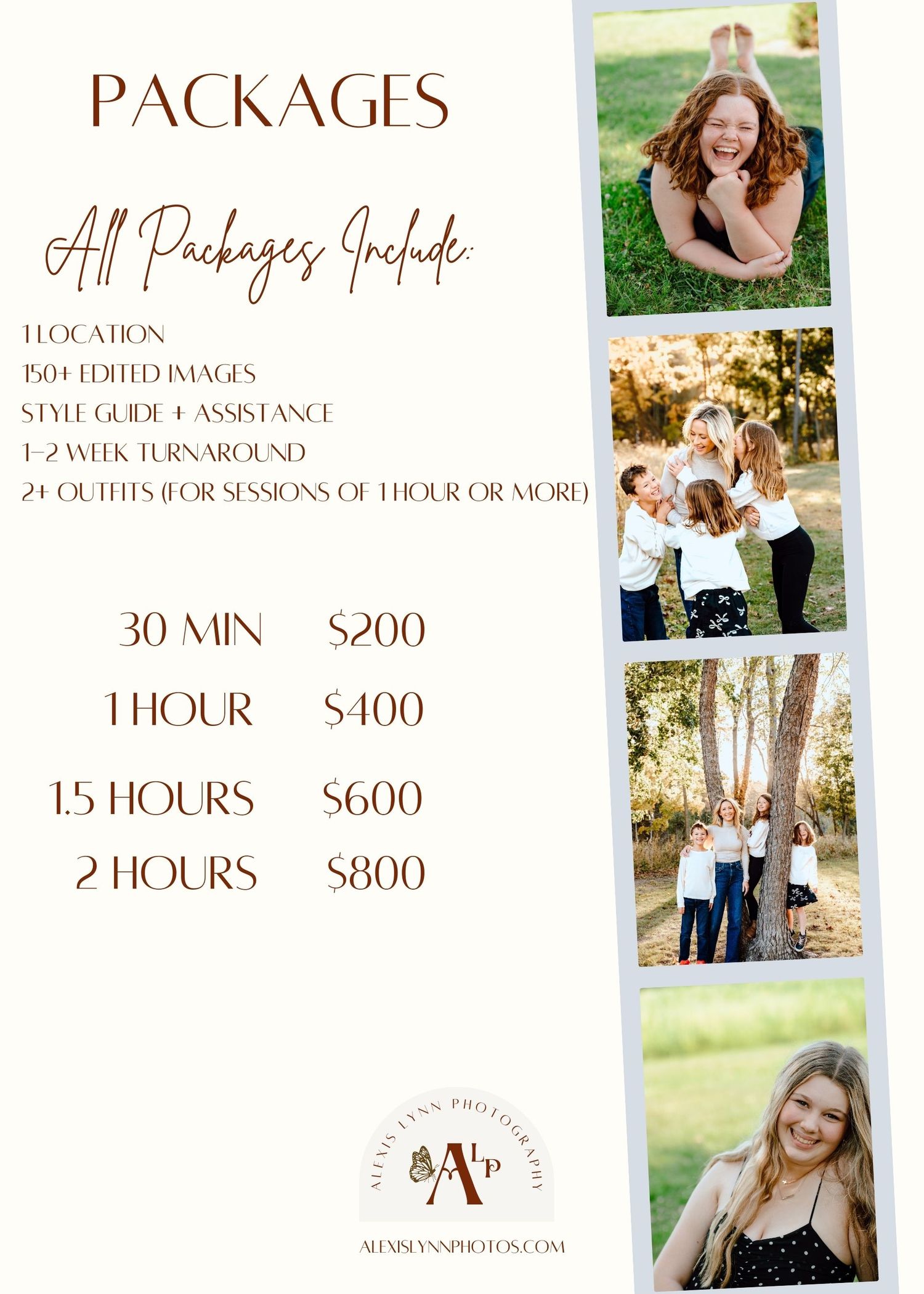 Photography pricing guide displaying various session packages and rates with sample portraits in warm tones.