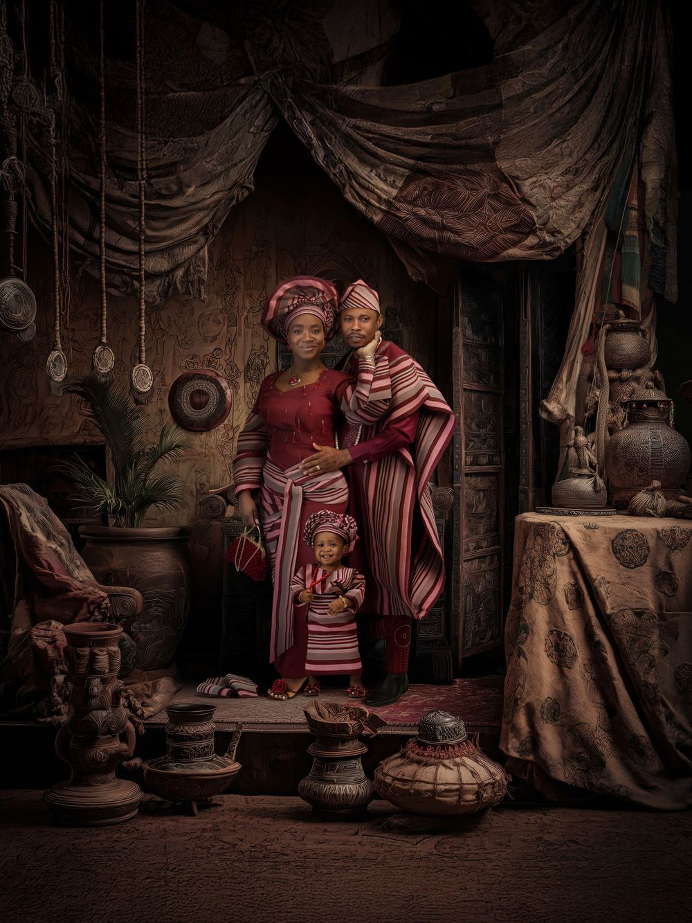Atmospheric portrait of two figures in rich burgundy robes standing among pottery and decorative objects in dimly lit setting.