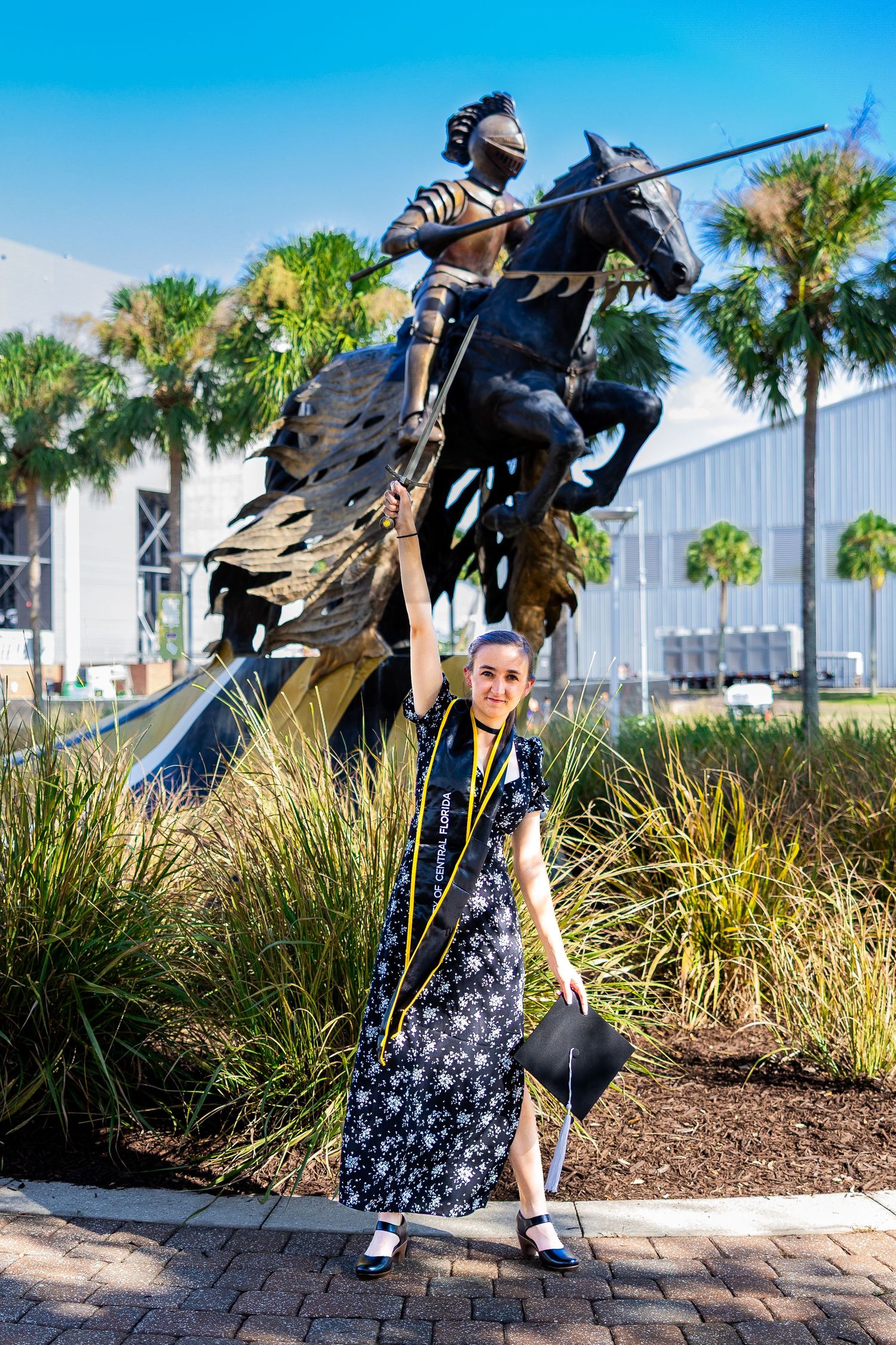 Creative wedding photography sequence showing movement against palm trees and blue sky.