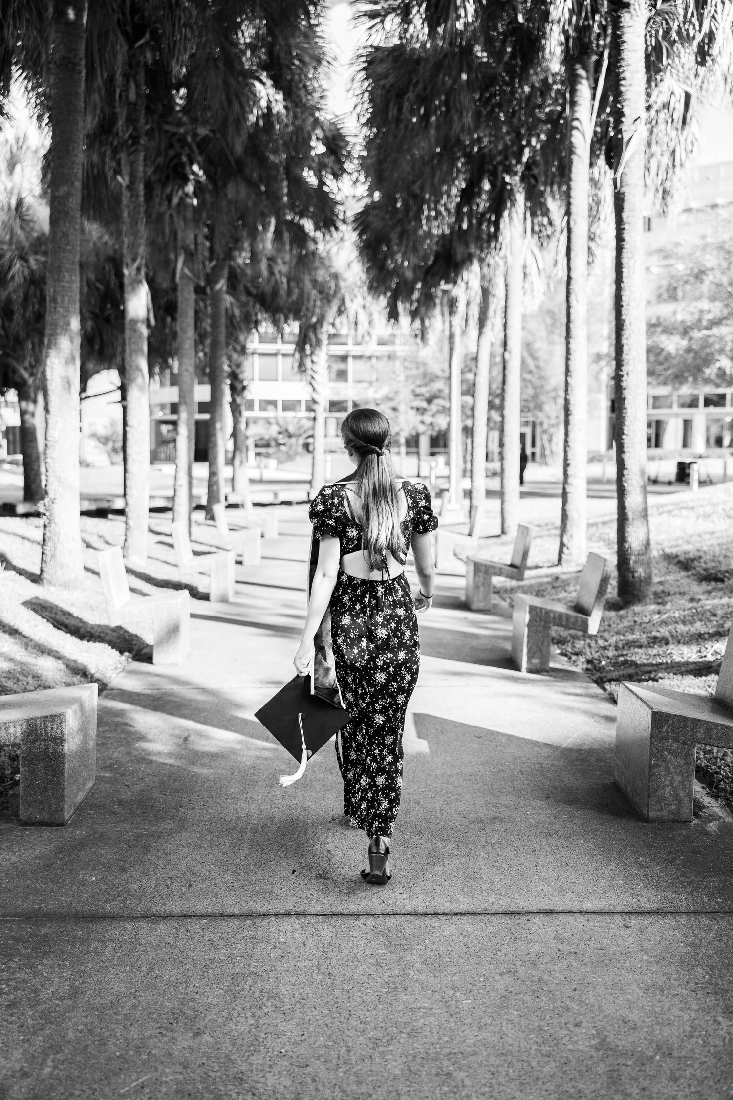 Person walking through a tree-lined path in black and white photography.
