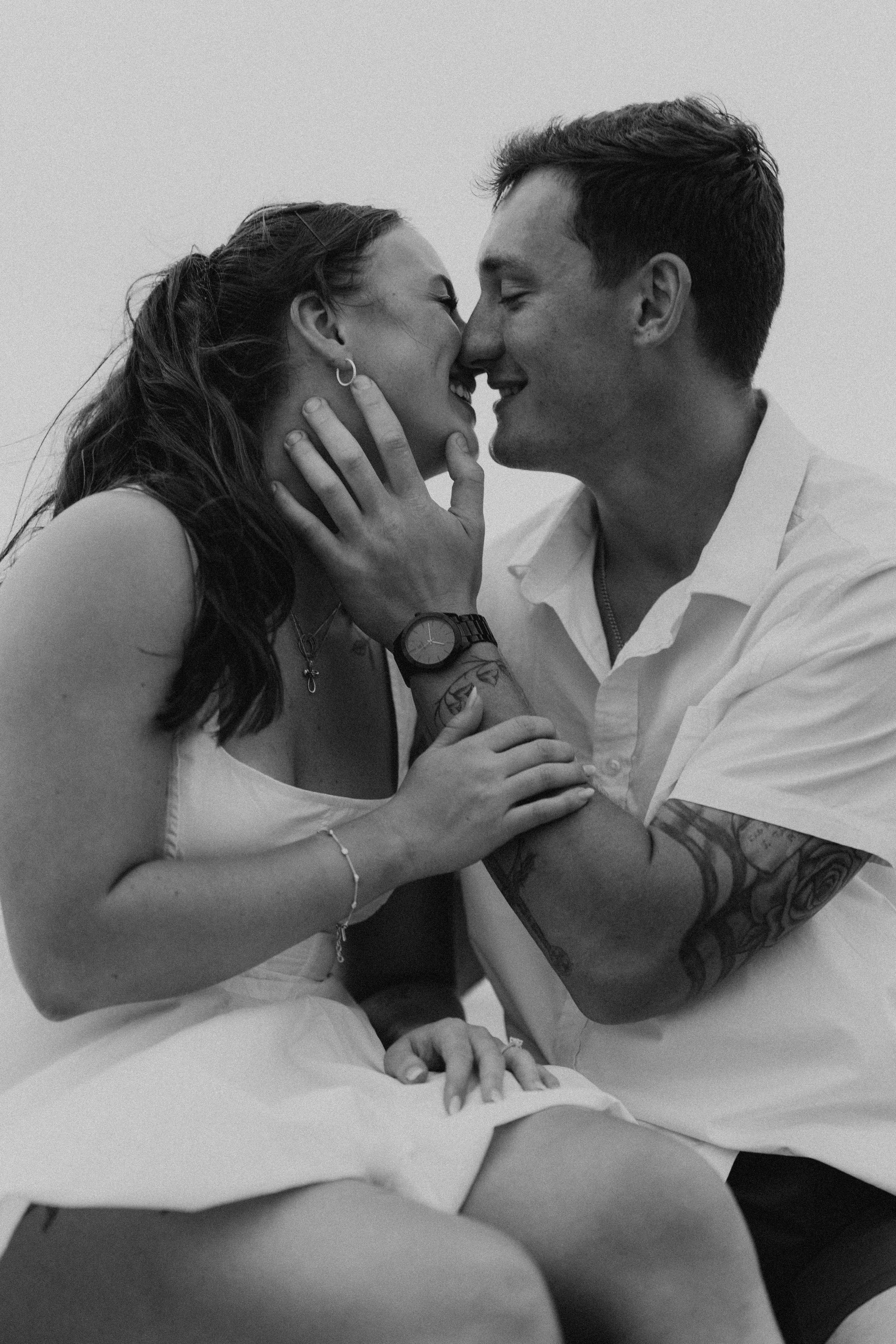 Black and white series of romantic close-up shots Coastal engagement photoshoot in St. Pete Beach.