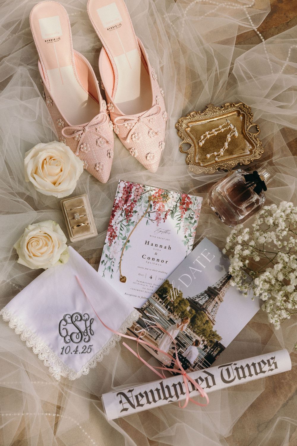 Wedding details flatlay for an Atlanta wedding bride