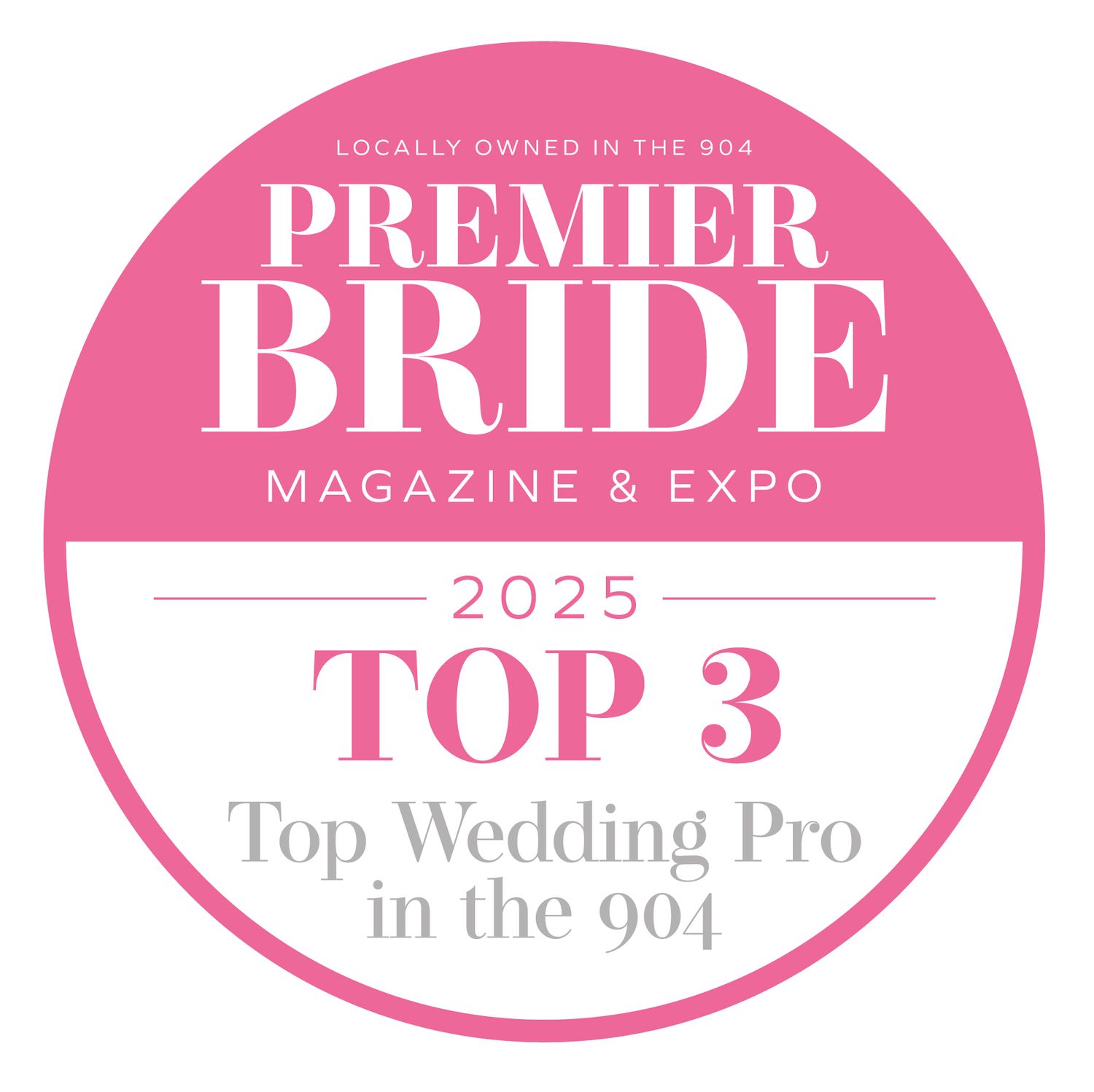Premier Bride Magazine Top 3 Wedding Pro award badge for 2025 in pink and white.