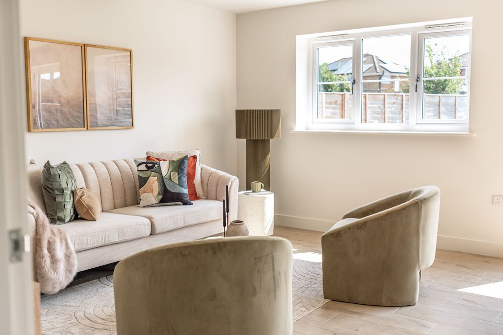 Property and interiors photography of a bright modern living room with neutral furnishings
