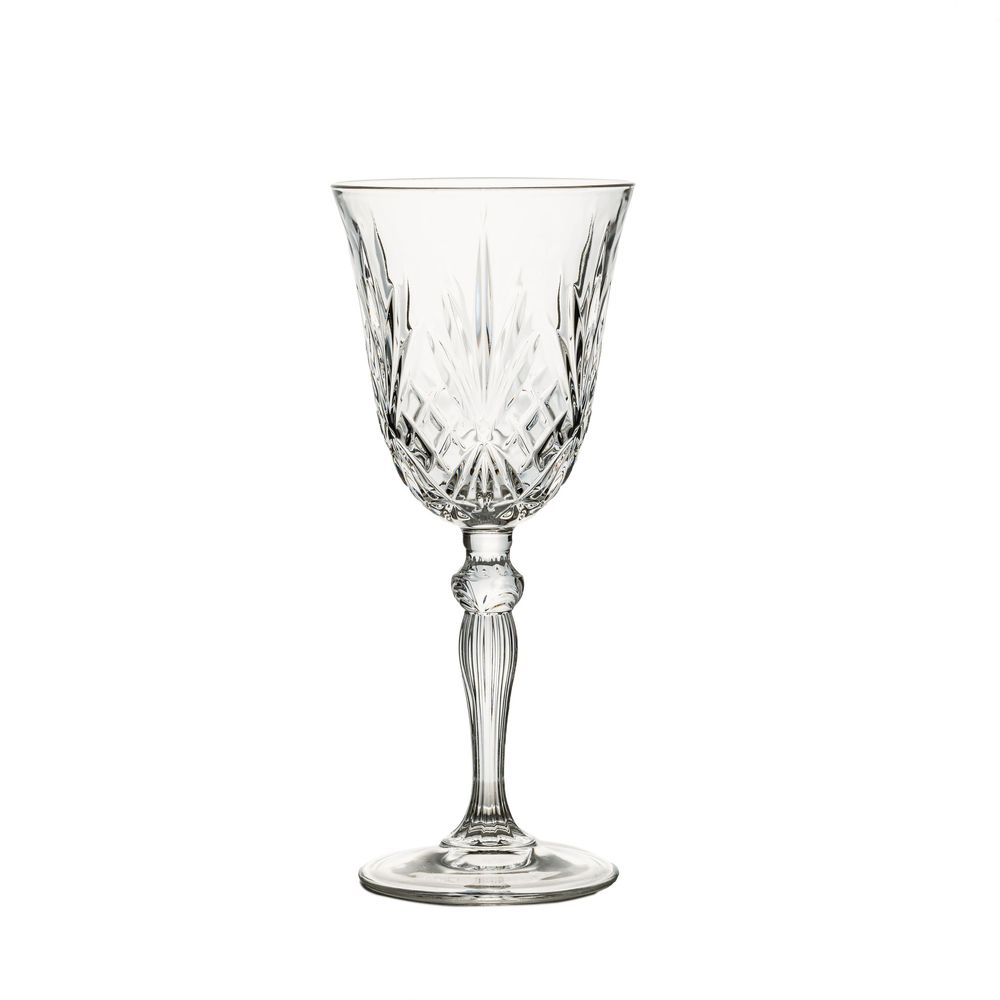 Product photography of a crystal wine glass on a white background