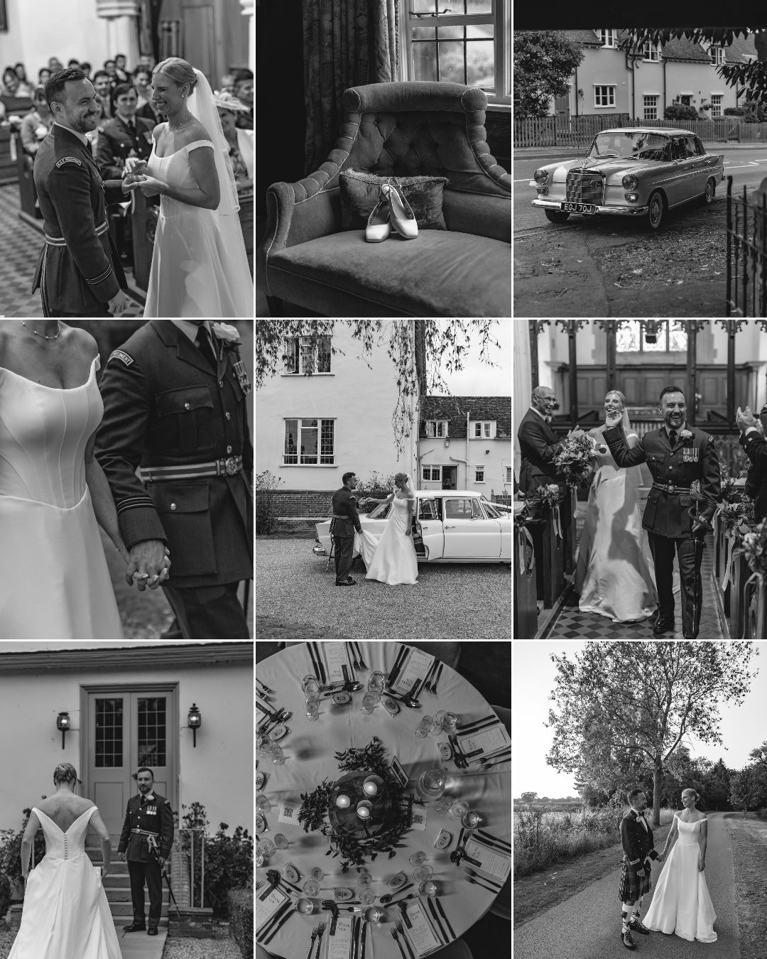A collection of black and white wedding photographs showing various moments from a vintage-style ceremony and reception.