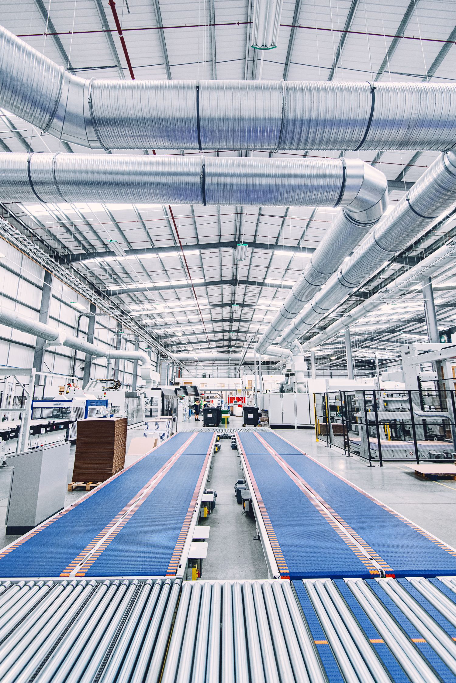 Long rows of blue conveyor belts in a bright industrial facility with white walls and ceiling ducts.