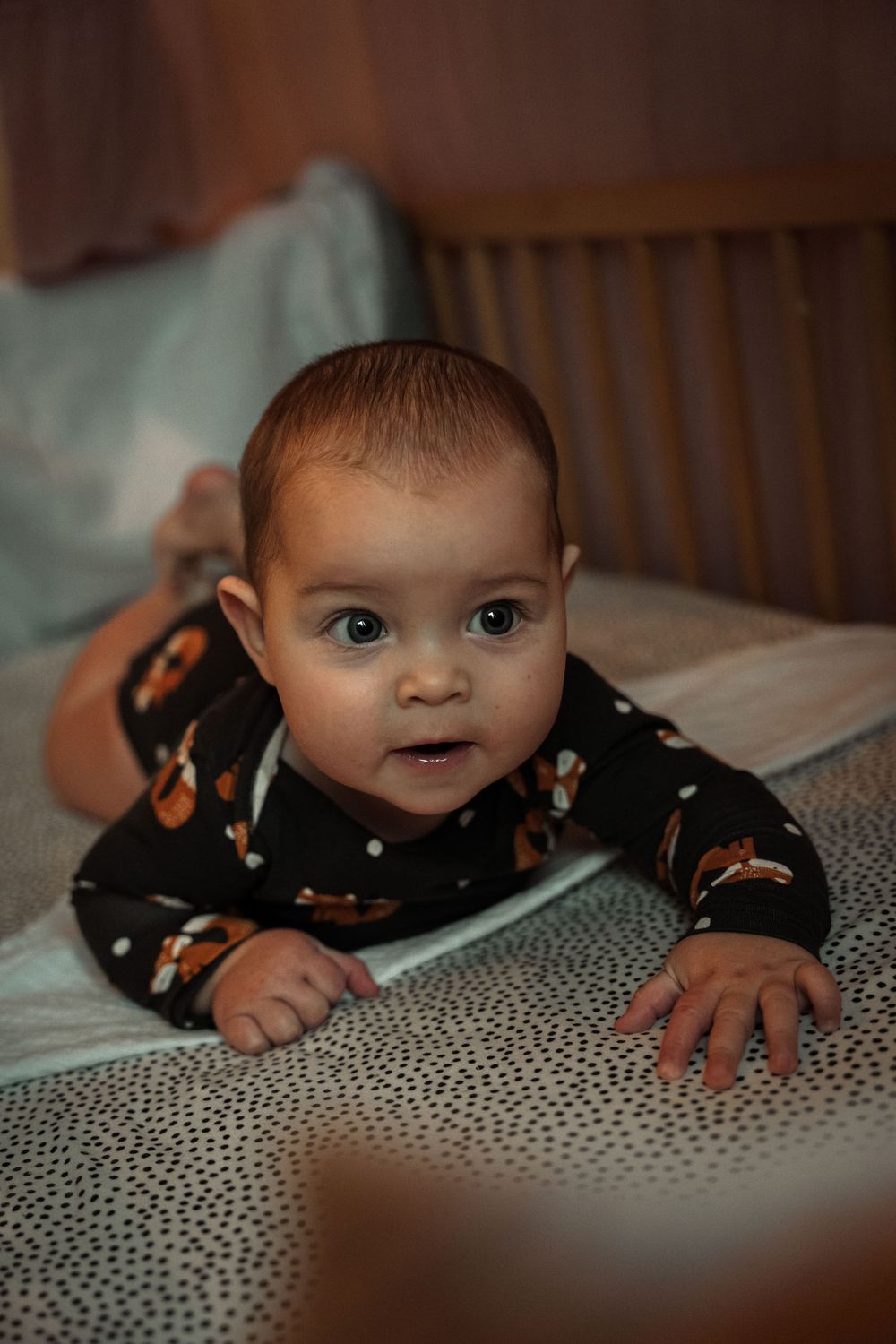 A baby in a black and orange outfit lies on a polka dot blanket while looking at the camera.