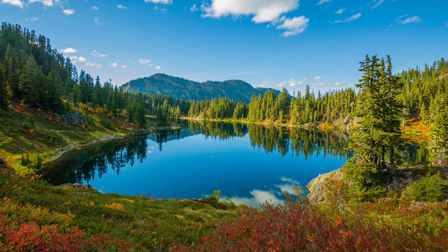 Tranquil mountain lake surrounded by evergreen forest with blue sky and clouds in pristine Chain of Lakes hike in Mt. Baker