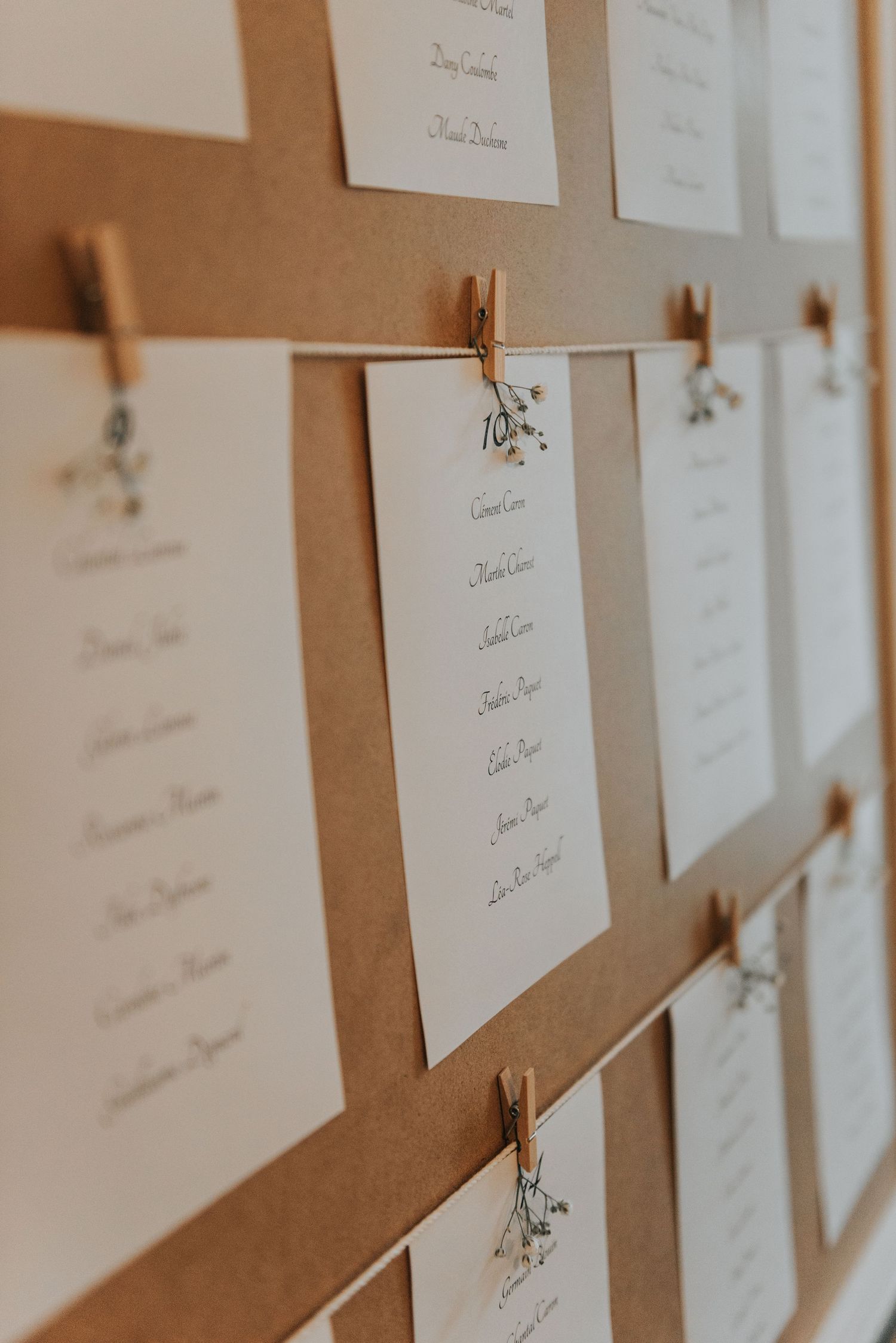 Multiple white papers or cards pinned to a brown bulletin board shown in shallow depth of field.