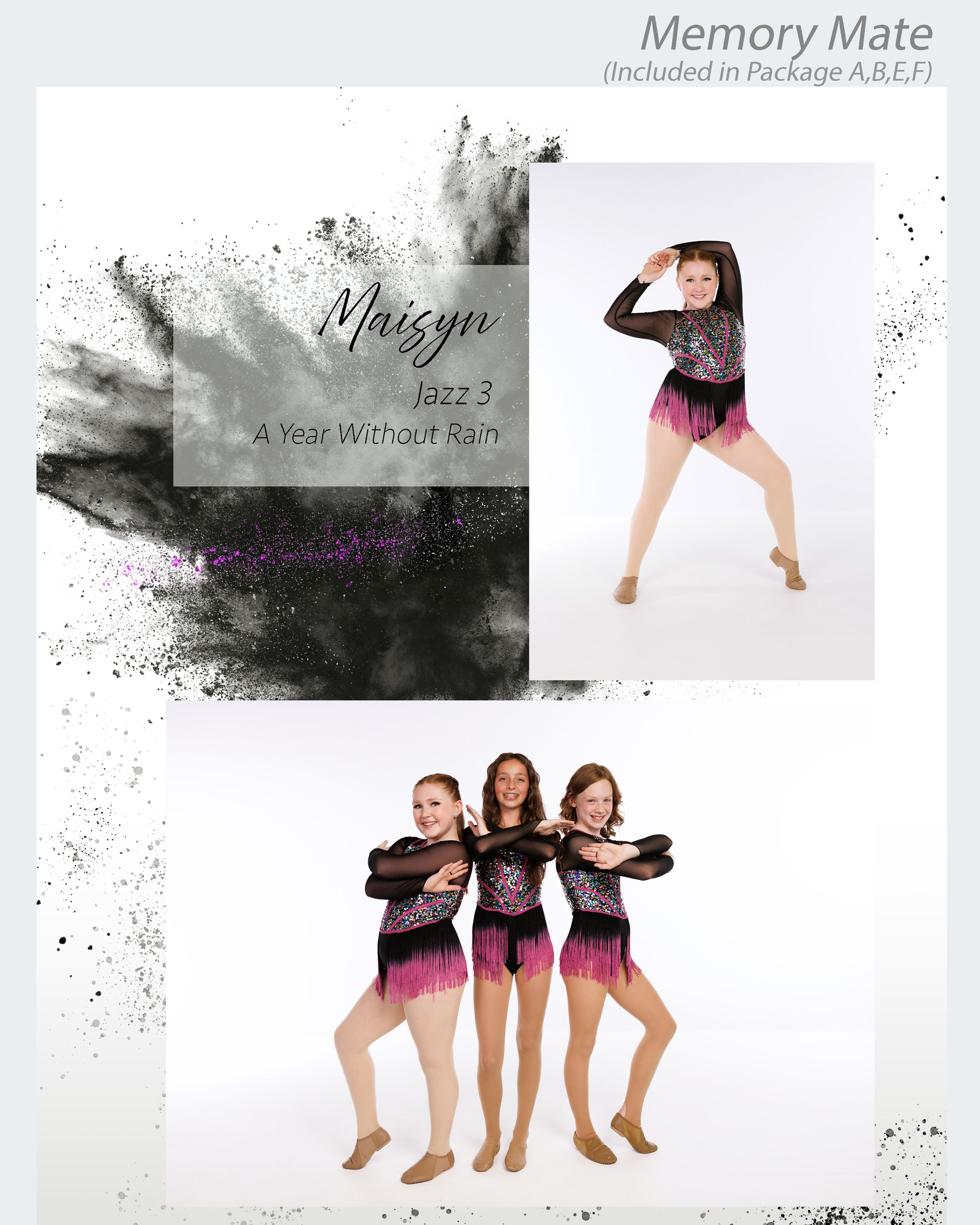 Dance photo layout featuring solo and group poses with artistic black ink splatter effects.