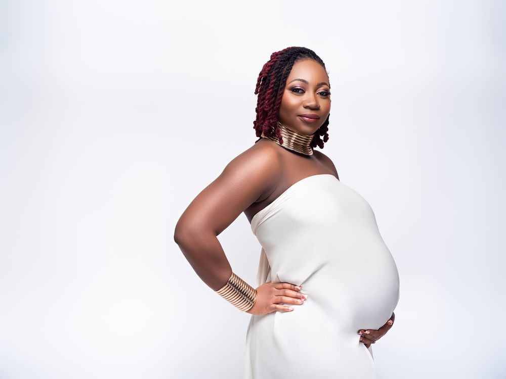 A person in a white sleeveless top poses confidently against a light background in a series of glamour shots.
