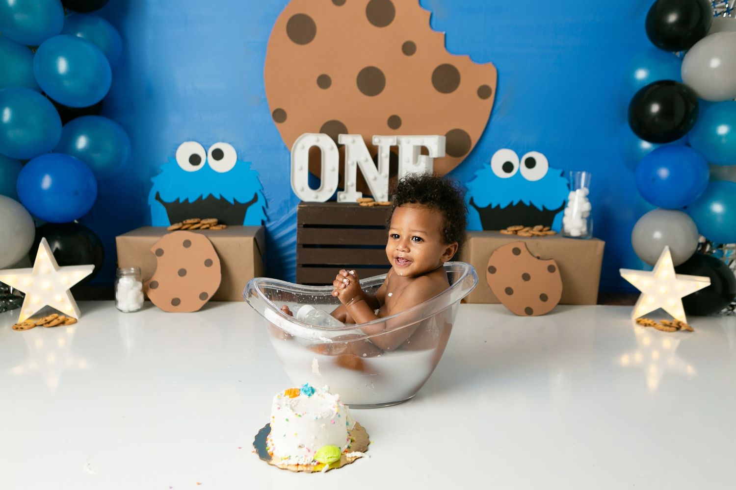 A cookie-themed first birthday photo, Orlando Cake Smash Photographer, Sanford Cake Smash Photography, First Birthday Photoshoot