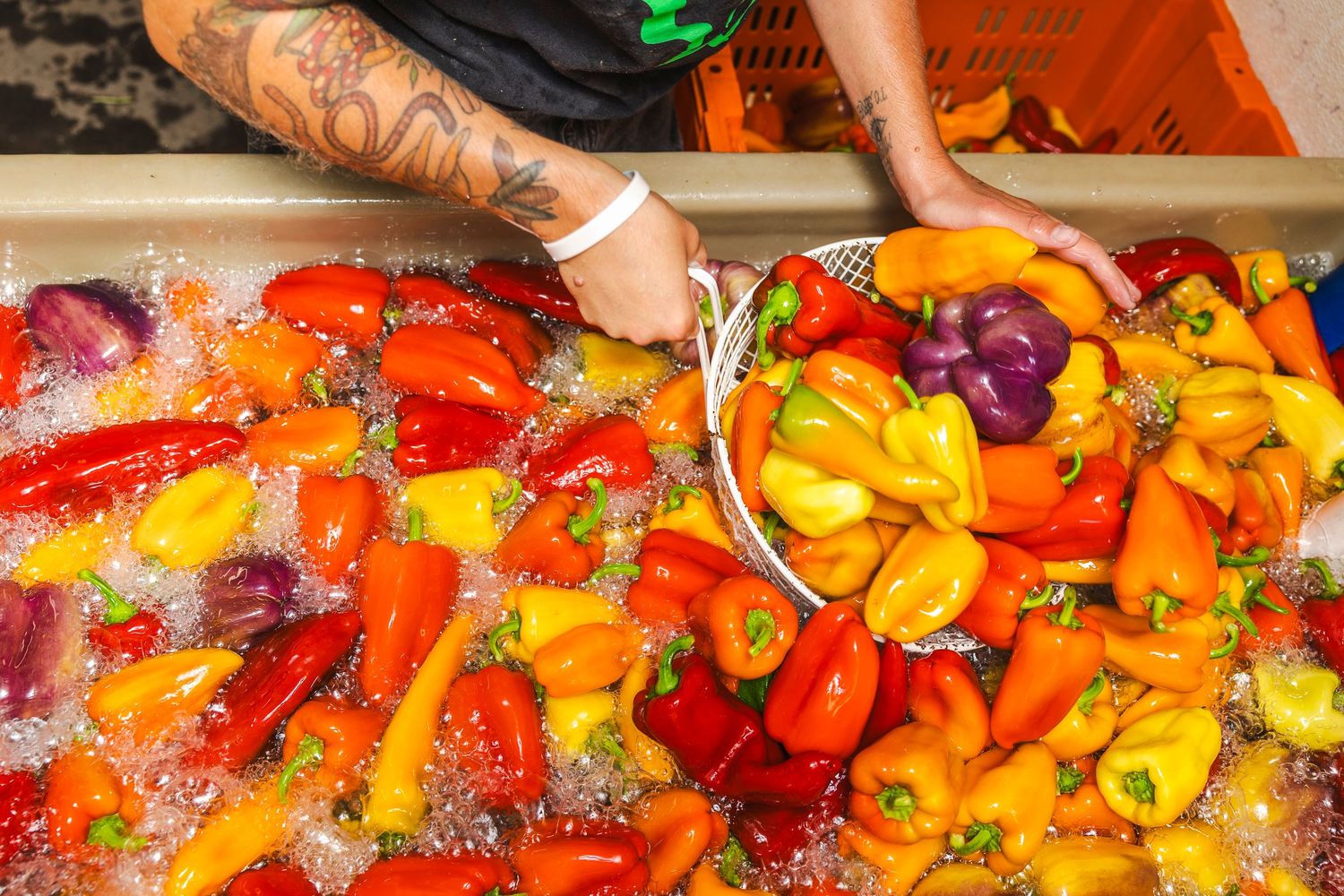 Colorful bell peppers being sliced and prepared on a wooden cutting board with a sharp knife.