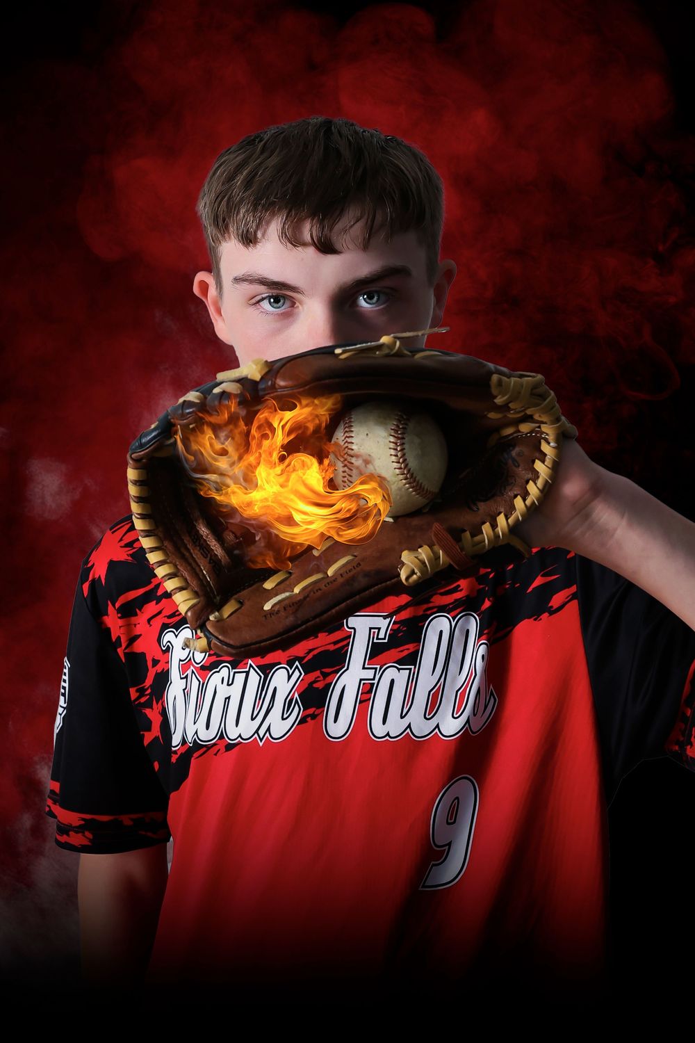 Dramatic baseball themed portraits with glove and uniform against red smoky background.