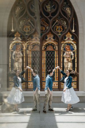 A sequence of five photos showing a couple dancing together in front of ornate gothic windows with arches.