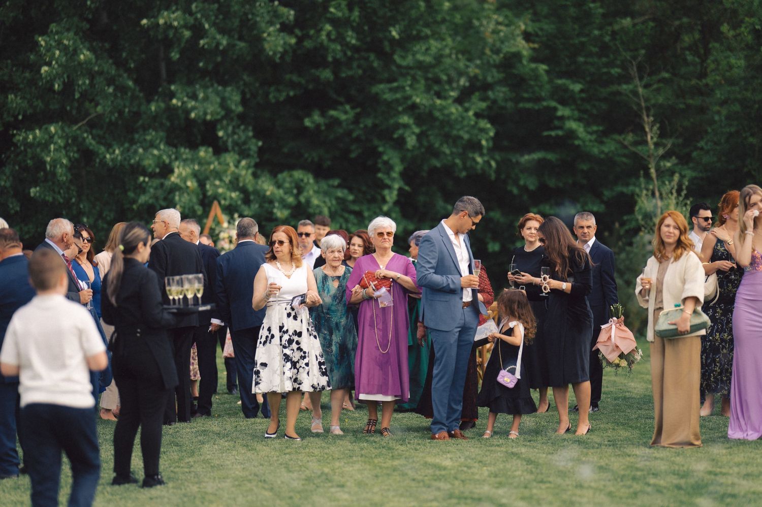 Wedding guests gather on a lush green lawn during an outdoor summer celebration.