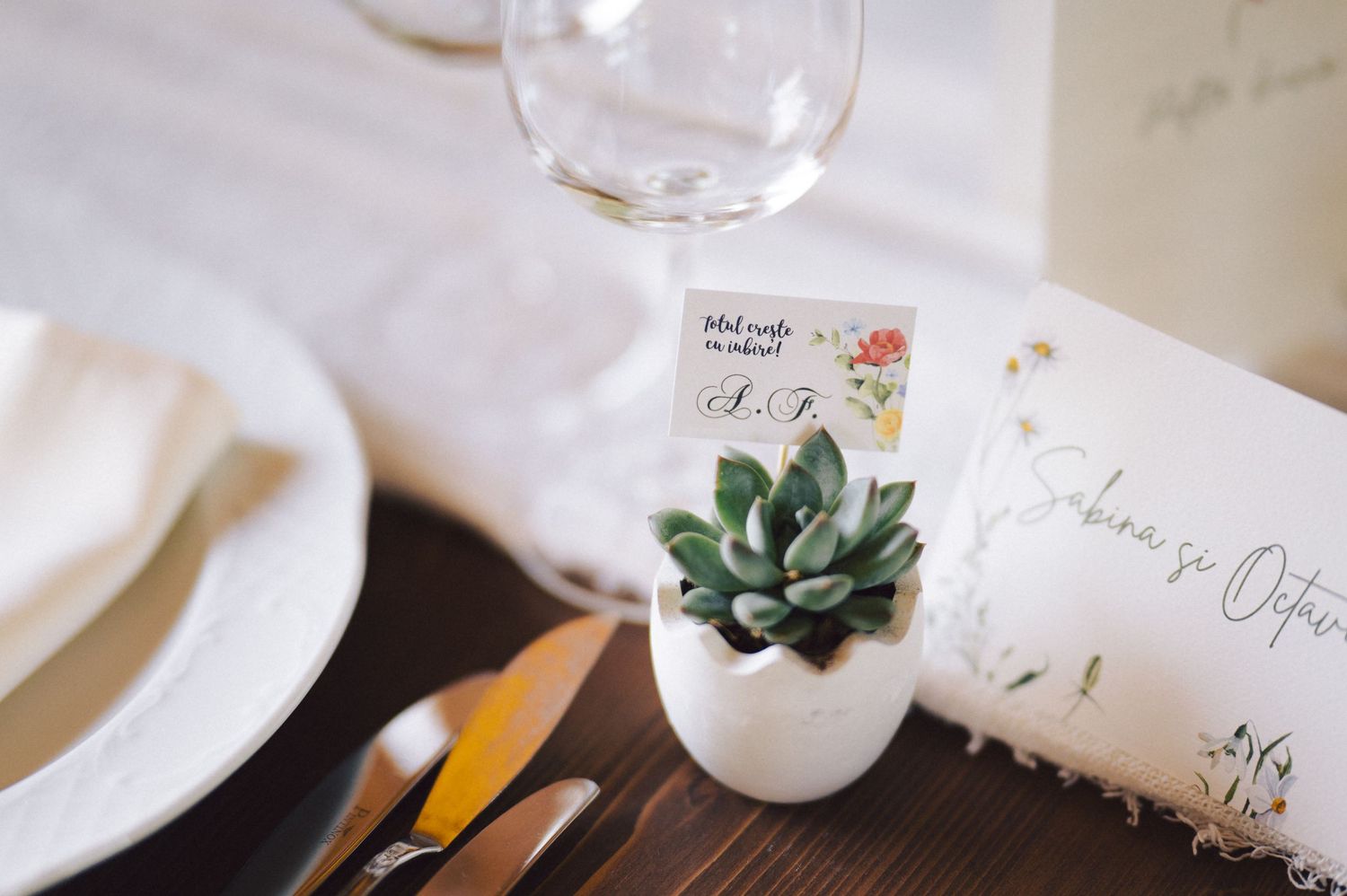 A delicate succulent wedding favor sits beside a place setting on a wooden table with a wine glass.