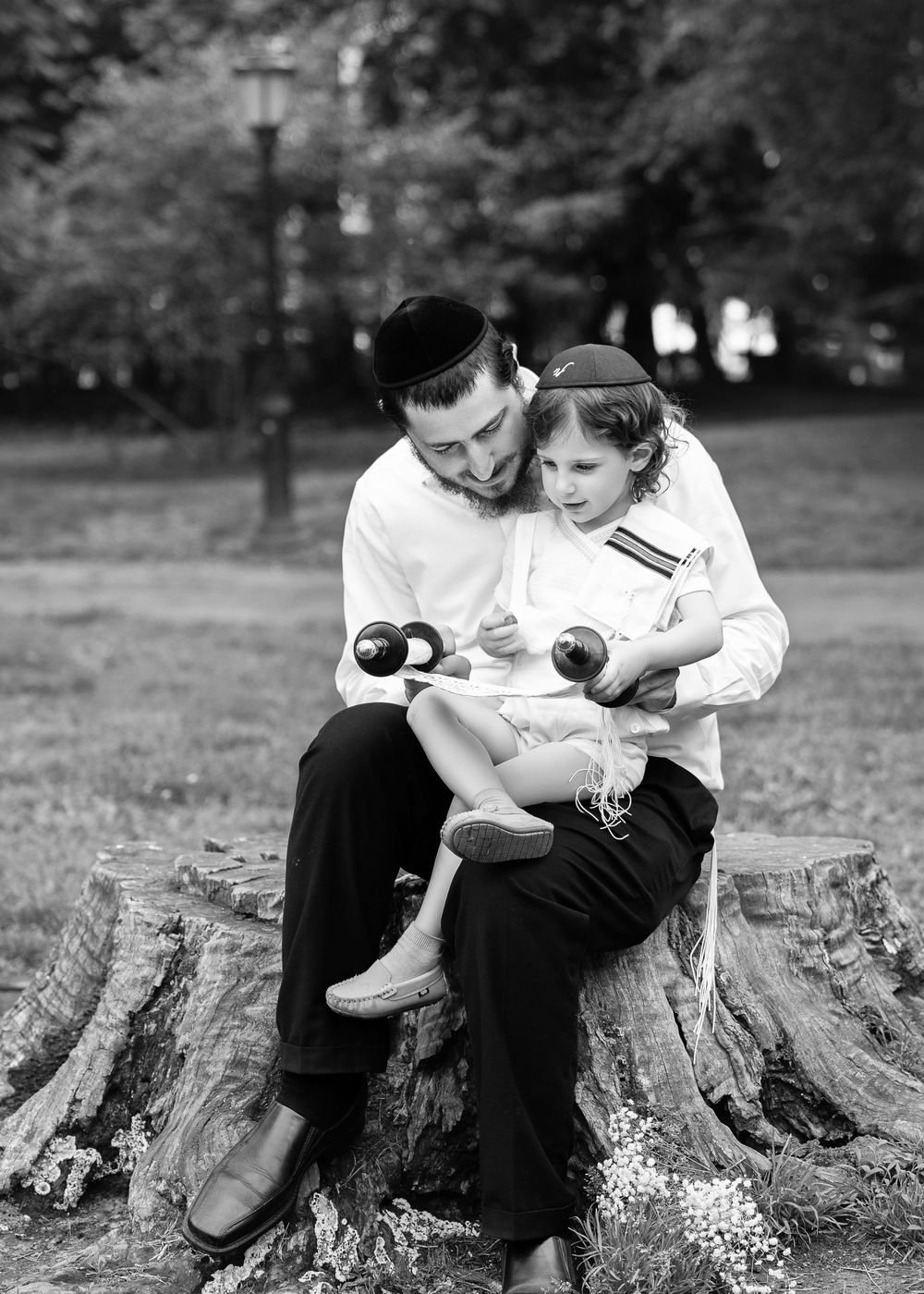 A vintage black and white photograph of a father and child sitting on a tree stump playing with apples outdoors.
