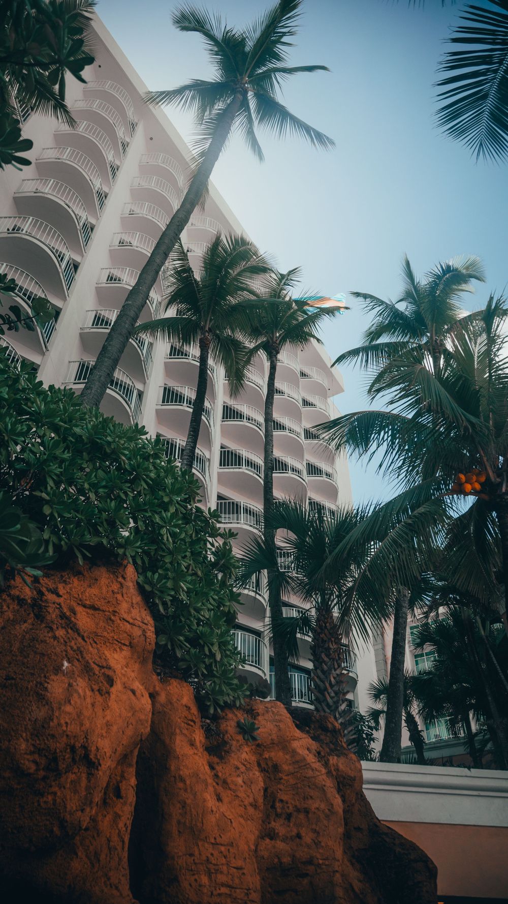 Tall white resort building with palm trees and red cliffs creating a tropical paradise scene.