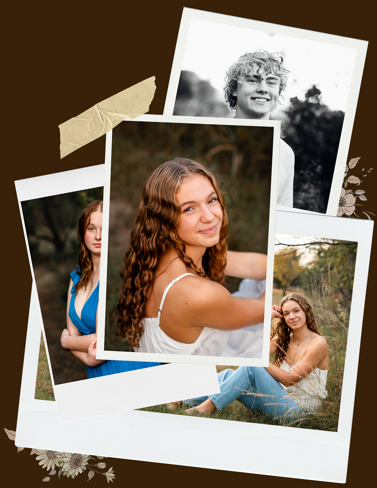 Three vintage-style polaroid photographs arranged in an artistic collage against a dark brown background.