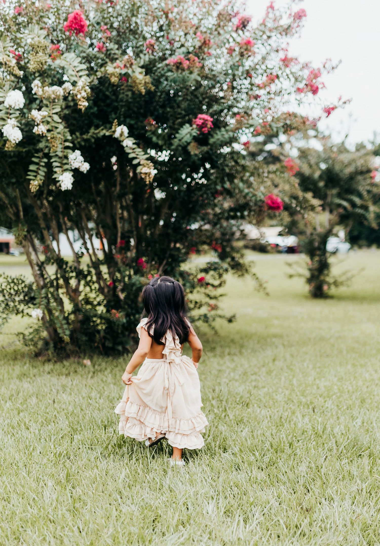 A small figure in a ruffled cream dress walks through a garden with blooming roses and flowering bushes.