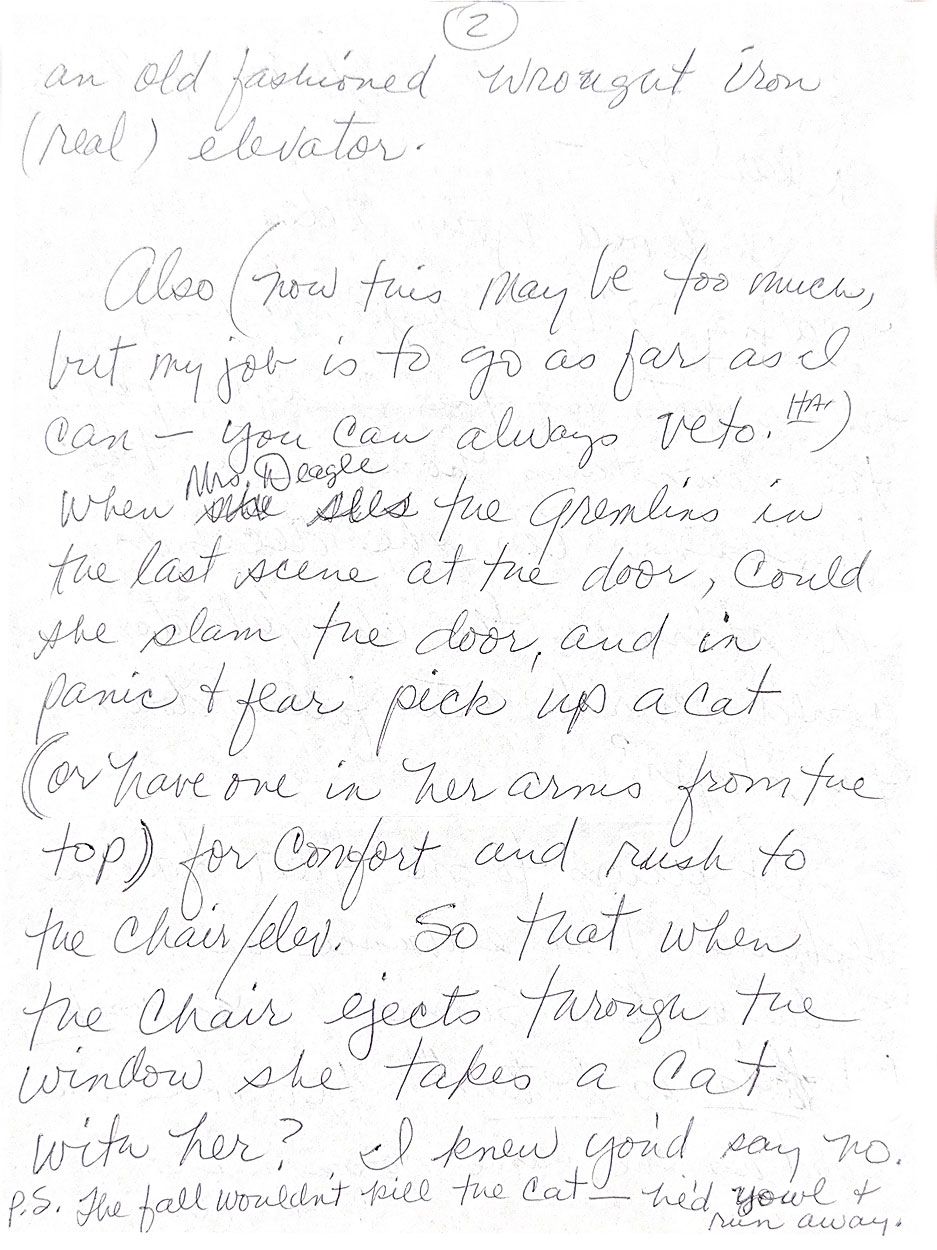 Letter to director Joe Dante from Polly Holliday about her role in Gremlins (1984)