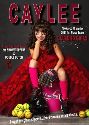 Young softball player Caylee in red gown with pink jersey, cleats, and glove, posing for Diamond Girls 2021 team photo.