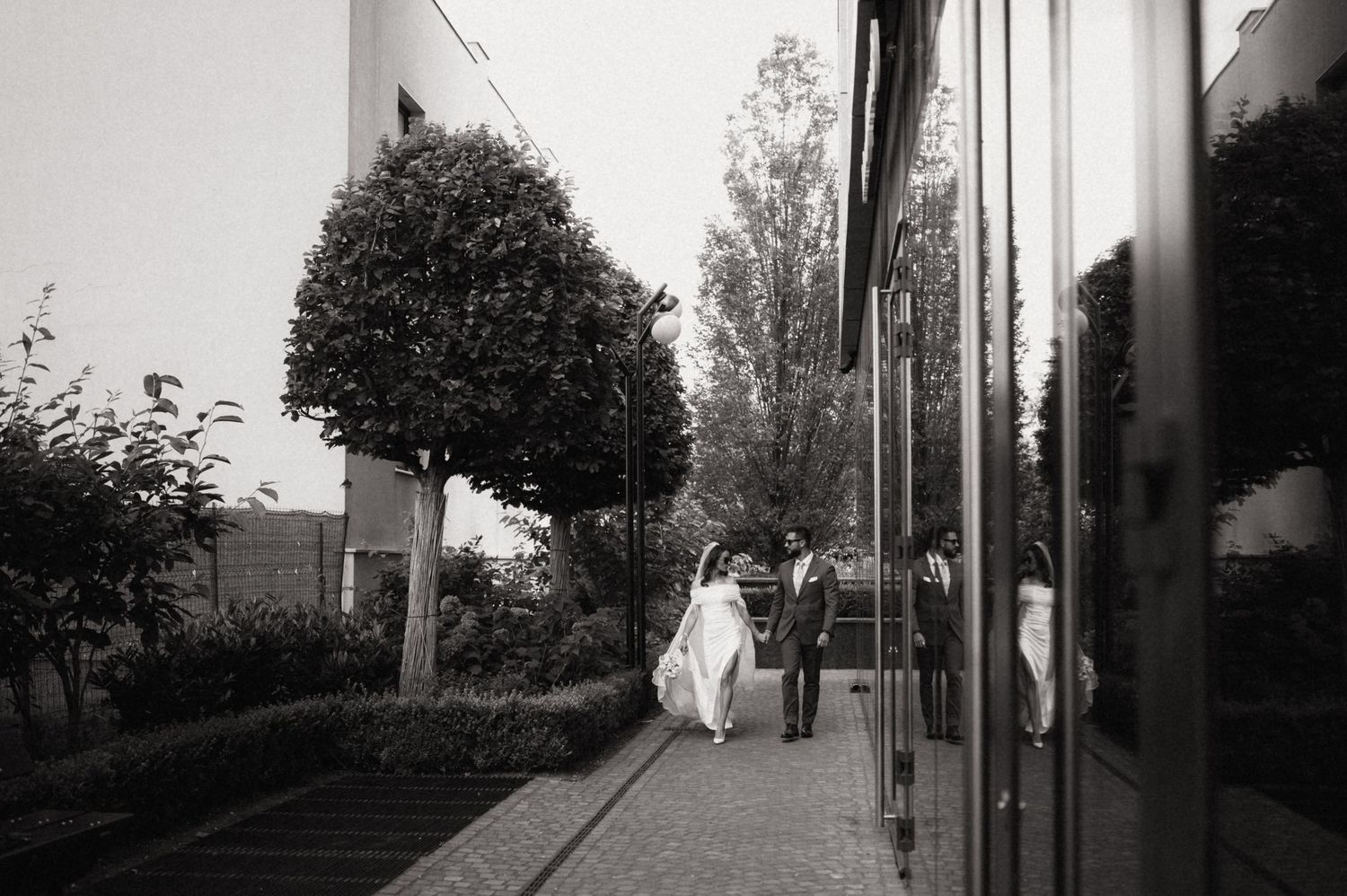 Black and white photo series showing trees and urban architecture in a minimalist street scene composition.